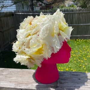 Vintage Floral Netted Wig Hat Union Made Yellow